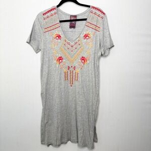 Johnny Was JWLA Gray Embroidered V Neck Short Sleeve Tunic Dress Size M